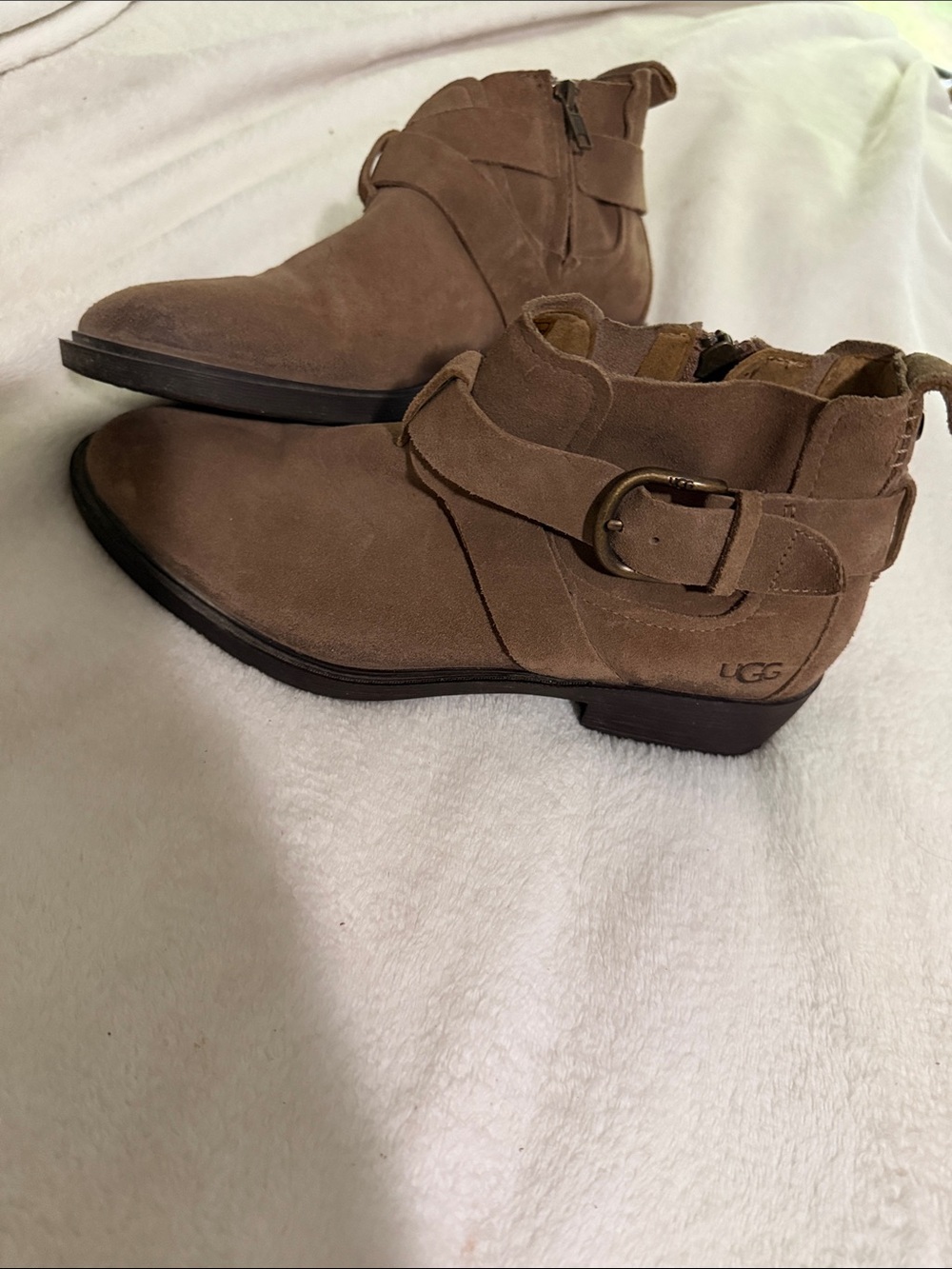 UGG Taupe Suede Ankle Booties with Buckle